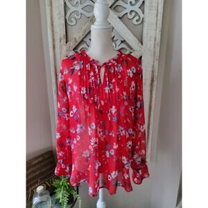 Liz Claiborne Red Floral Chiffon Blouse Long Sleeve Ruffle Neck Keyhole Tie Top